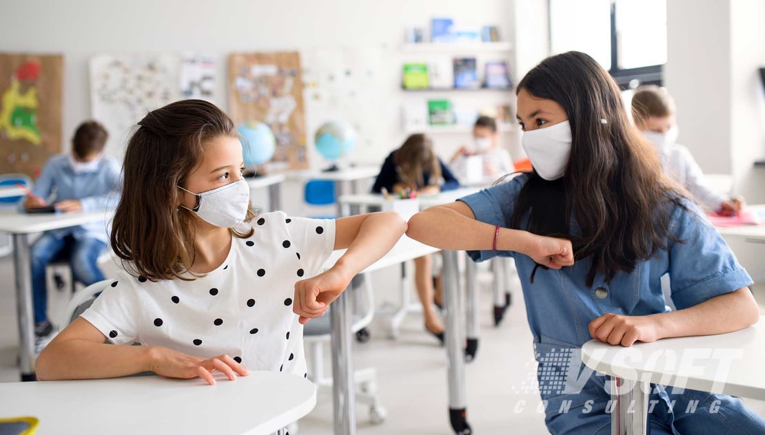 School children returning to classroom with masks