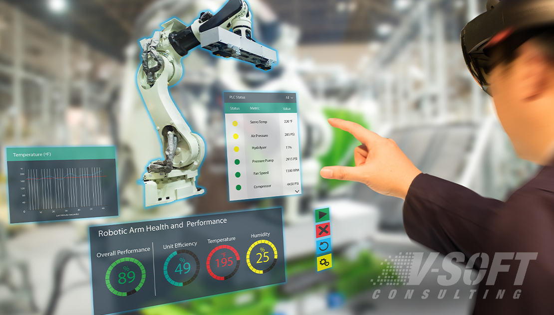 Employee working on fixing machine using augumented reality