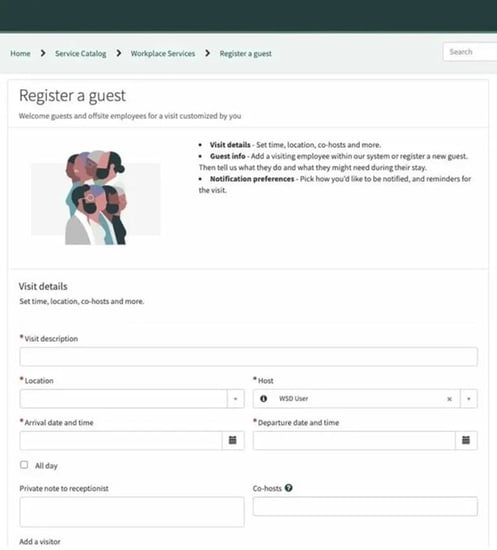 ServiceNow Workplace Visitor Management's Register a New Visitor Interface