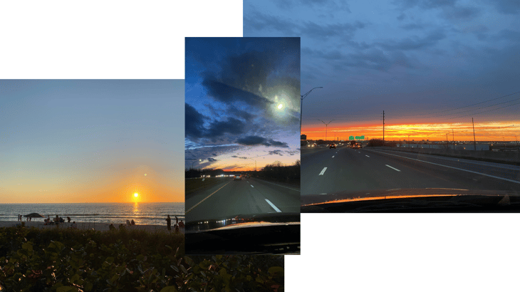 Images of sunsets from some of Hannah's many drives