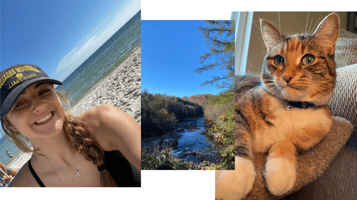 Hannah enjoying some of her hobbies, including visiting the beach and hanging out with her cat
