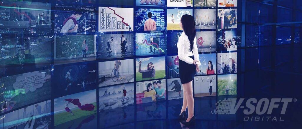 Woman stands in front of virtual reality screens to collaborate, learn, socialize on metaverse.