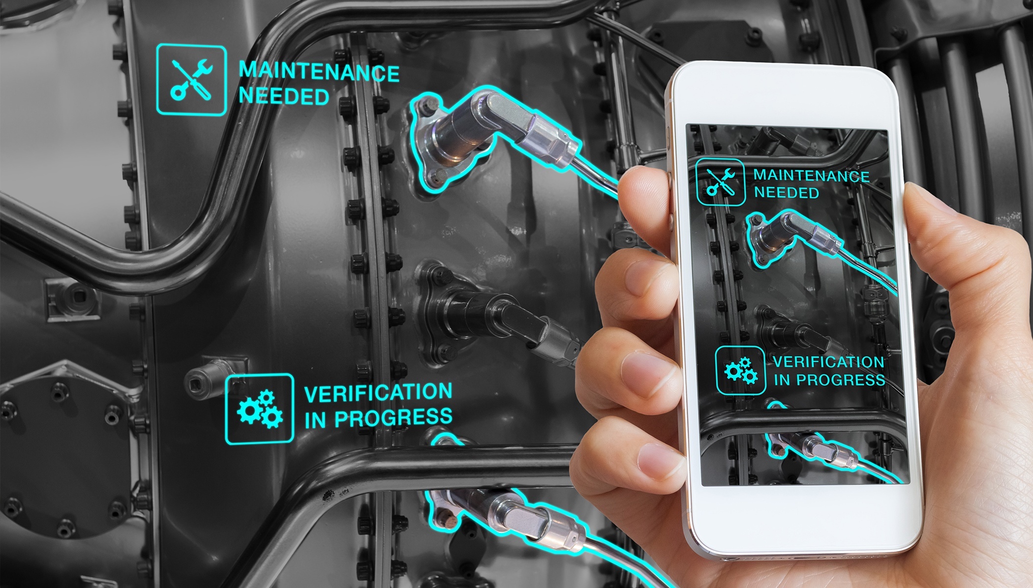 Augmented Reality technology maintenance, technician using smartphone, AR interface, monitoring _Blog