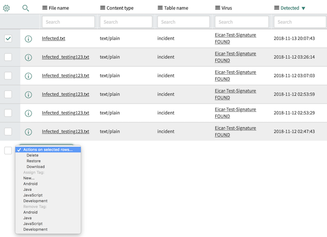 Dashboard with list of actions Users can take on a quarantined file for Anit=Virus Scanning ServiceNow Madrid