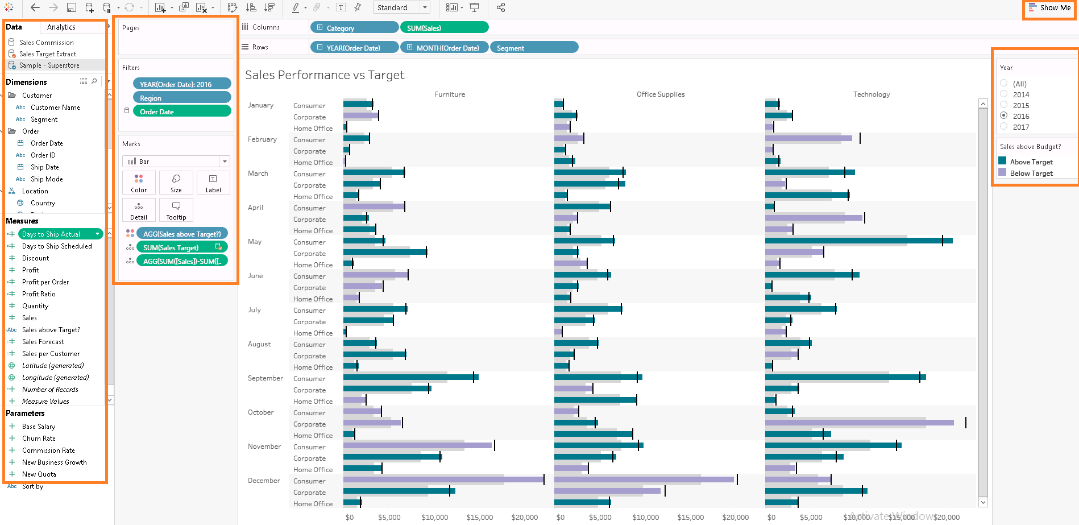 Tableau window showing many options