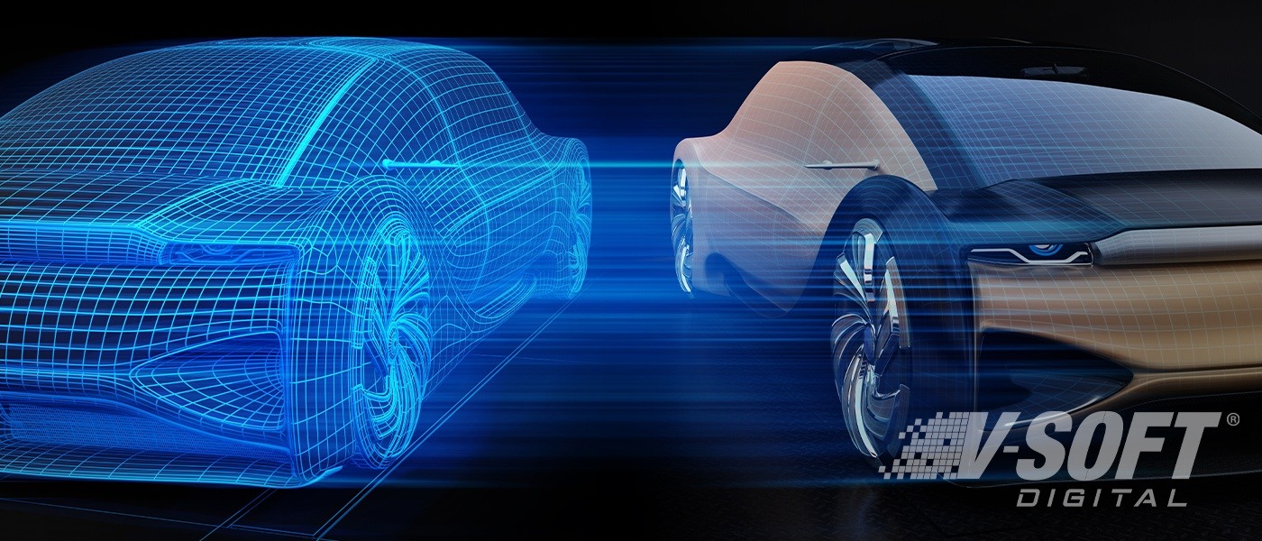 Picture of a car and a 3D rendering of the same illustrating the concept of digital twins