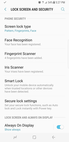 Samsung Galaxy S8’s Settings app that flaunts various biometric securities.
