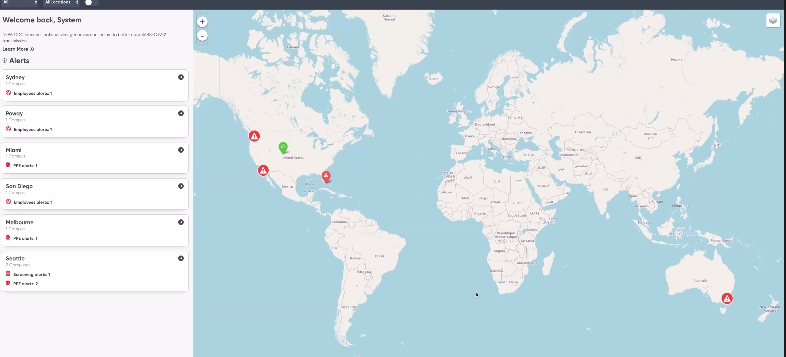 map view of Servicenow safe workplace dashboard