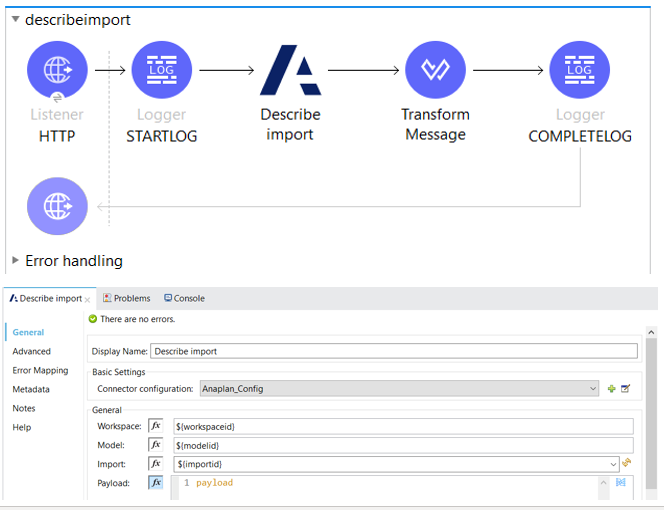 Describe Import action in MuleSoft Anaplan Connector 2.1 