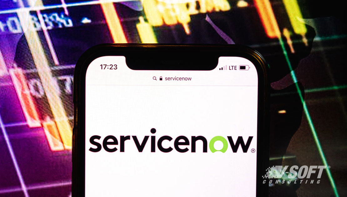 The ServiceNow logo in a cell phone in front of a screen displaying numbers.